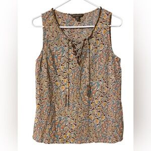 Tommy Bahama Paisley Top Medium Sleeveless Beaded Tassels & Neckline 100% Cotton